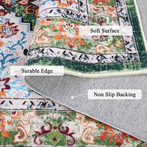 Miniatura 4 de U'Artlines Alfombra de Área Bohemia Lavable, 2x3 Pequeña Suave Antideslizante Vintage Felpudo para Puerta Frontal Interior Alfombra Verde