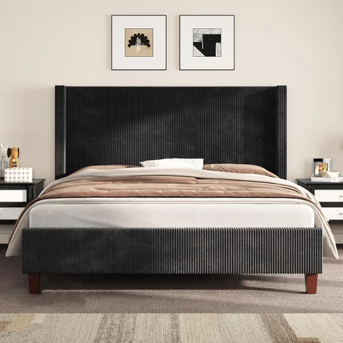 Miniatura 3 de AMERLIFE Base de cama tapizada tamaño Queen con cabecera de 50.8 pulgadas de alto, cama de plataforma con respaldo de alas con patas de madera