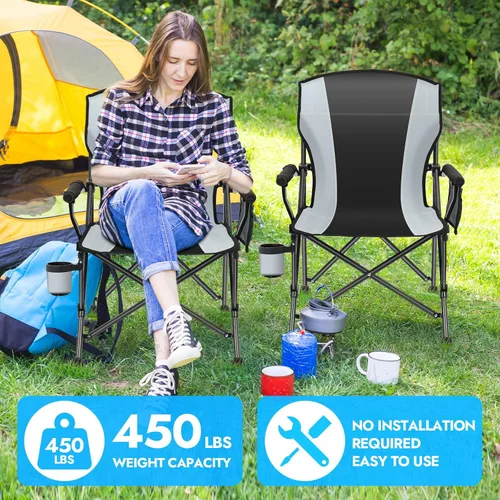 Miniatura 4 de Paquete de 2 sillas de camping plegables de gran tamaño para adultos, soporta 450 libras, silla de camping resistente con bolsillos laterales, silla