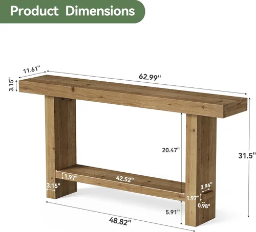 Miniatura 2 de Mesa consola de madera maciza de 63 pulgadas, mesa de entrada estrecha con estante de almacenamiento de 2 niveles, para pasillo, entrada, sala