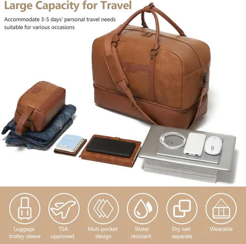 Miniatura 3 de Wogarl Bolsa de fin de semana para mujeres y hombres, bolsa grande de viaje, Marrón claro, Moda