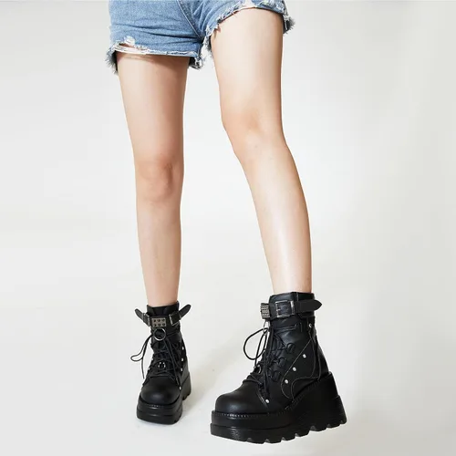 Miniatura 7 de Tscoyuki Botines de plataforma para mujer, botines de tacón alto gruesos, botas de combate góticas, botas de combate para mujer, con cordones, cuñas