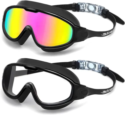 Freela 2 Pack Swim Goggles for Adult Men Women,180°Wide Vision Anti-fog UV Protection No Leak Clear Swimming Goggles Rosado y transparente
