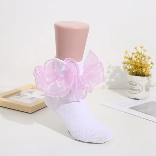 Miniatura 6 de 2 pares de calcetines con volantes de encaje doble para niñas, calcetines de encaje blanco princesa para niñas pequeñas