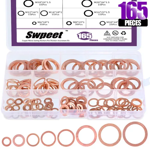 Swpeet Kit surtido de 165 arandelas de sellado métricas de cobre de 8 tamaños, incluye M6 M8 M10 M12 M14 M16 M18 M20 perfecto para conexiones