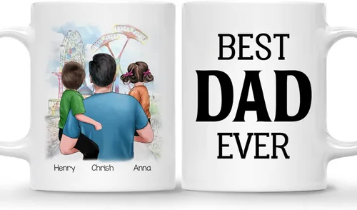 Gossby Taza personalizada de café para papá, el mejor papá (2 niños en el hombro de papá), regalo personalizado de 11 onzas y 15 onzas para papá, 2