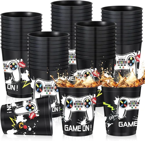 Tanlade Juego de 50 tazas temáticas de videojuegos de 16 onzas, vasos de plástico reutilizables para fiestas de video populares, decoraciones de