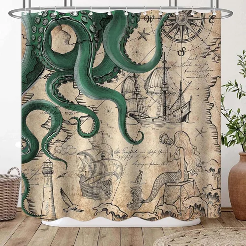 Fungarth Cortina de Ducha Extra Larga de 84 Pulgadas Verde Vintage Náutica de Pulpo Sirena Divertida Océano Kraken Cortinas de Ducha para Baño Mapa