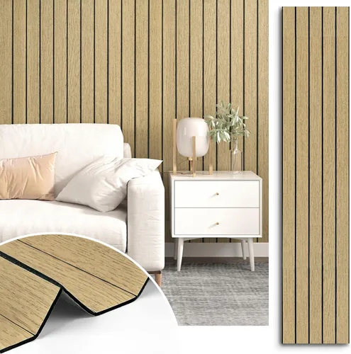 Miniatura 9 de Paneles de Madera Marrón 3D para Paredes 120" x 12" Paneles de Pared de Listones Acústicos Despegar y Pegar Paneles de Madera Autoadhesivos