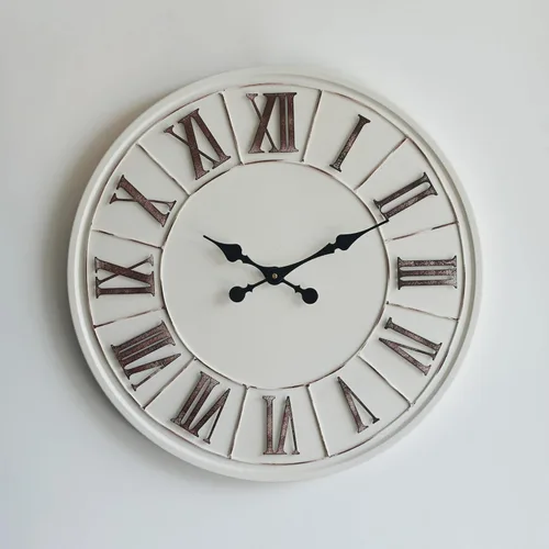Miniatura 2 de Reloj de pared grande de estilo granja - 24 pulgadas, blanco rústico, número romano envejecido, cara de metal, funciona con pilas, reloj decorativo