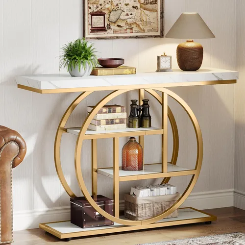 Tribesigns Mesa de Consola de 41.3 pulgadas, Mesa Industrial de 4 Niveles para Sofá de Entrada con Base Circular, Mesas Decorativas de Madera Oro