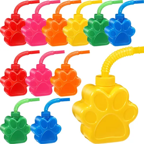 Sratte 12 tazas de patas de perro de 10 onzas para niños con popote y tapa, suministros de fiesta de cumpleaños de perro, taza de plástico con