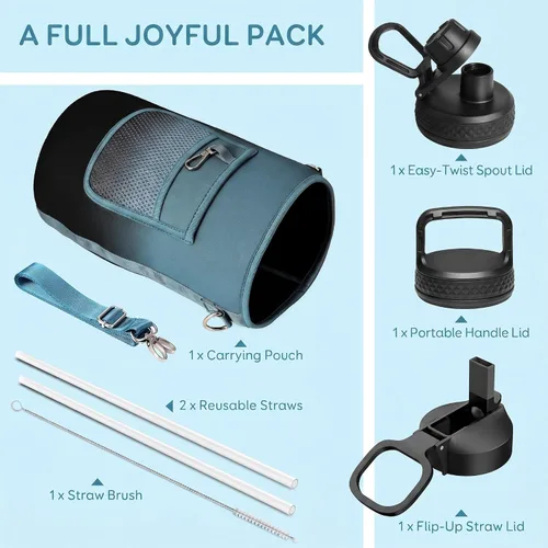 Miniatura 7 de Coolflask Botella de agua de 20 onzas aislada con pajilla, 3 tapas de metal de acero inoxidable, botella de agua de boca ancha para deportes u