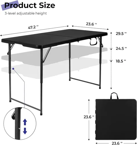 Miniatura 3 de Fenbeli Mesa plegable portátil de 4 pies para uso en interiores y exteriores, plástico HDPE resistente, picnic, camping, barbacoa, comedor, mesa