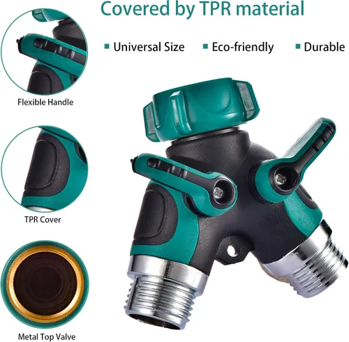 Miniatura 4 de Divisor de manguera de 2 vías en Y conector con cómodo agarre de goma y parte superior giratoria de 360 ° de conexión rápida para manguera de Verde