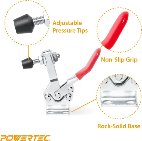 Miniatura 5 de POWERTEC 1PK Abrazadera de palanca, capacidad de 500 lbs, 225D Abrazaderas de liberación rápida horizontales con punta de presión de goma