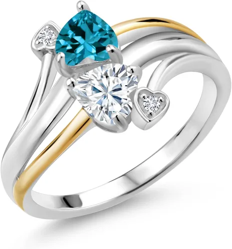 Gem Stone King Anillo de compromiso de plata de ley 925 y oro amarillo de 10 quilates, topacio azul Londres, moissanita blanca y diamante cultivado