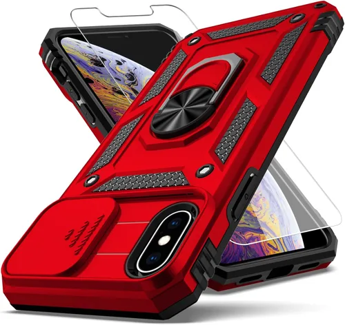 Miniatura 7 de Funda para iPhone X, iPhone Xs, cubierta de lente de cámara deslizante integrada+soporte de anillo de dedo+protector de pantalla, resistente a Negro