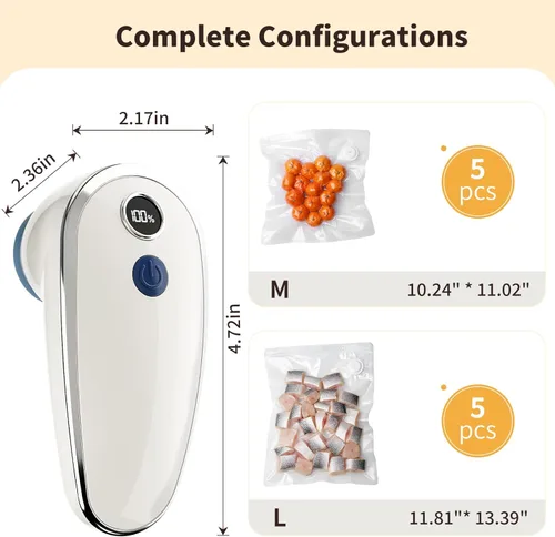 Miniatura 5 de Máquina selladora al vacío compacta para alimentos con 10 bolsas de vacío reutilizables, sella alimentos 5 veces más tiempo, portátil recargable