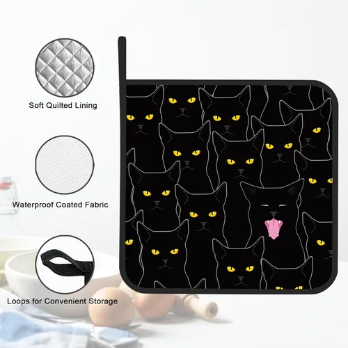 Miniatura 3 de Juego de 2 soportes para ollas, diseño de gato negro, resistente al calor, para barbacoa, cocinar, hornear, comida caliente para mujeres y hombres