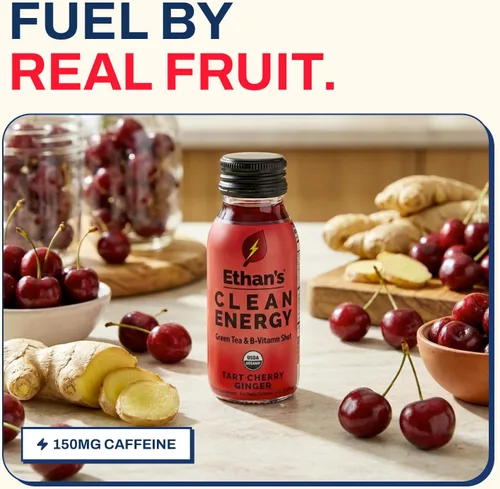 Miniatura 7 de Ethan's Organic Clean Energy Shots - Jengibre de cereza ácida, paquete de 12 unidades de 2 onzas, 150 mg de cafeína, té verde, guayusa, melena