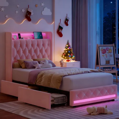 Miniatura 15 de HIFIT Marco de cama tapizada tamaño individual LED con cabecera de estación de carga y 4 cajones de almacenamiento, marcos de cama de plataforma