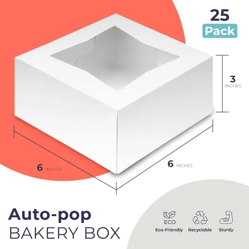 Miniatura 2 de Fit Meal Prep Paquete de 25 cajas de panadería con ventana de 6 x 6 x 3 pulgadas, caja de cartón para cupcakes, pasteles y pastelería, caja