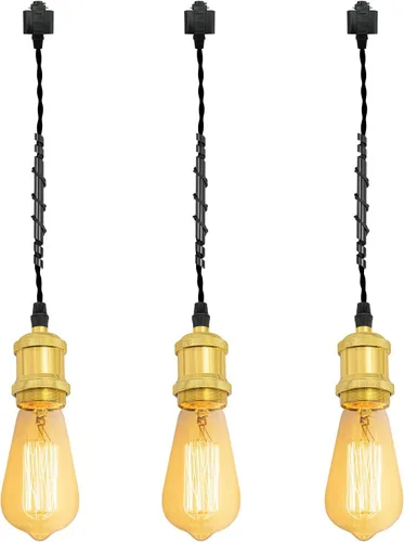 Miniatura 34 de Kiven 3 luces H System Track Mini colgante, soporte de lámpara con acabado negro perla, kit de luces de riel, colgante de rosa, tela trenzada