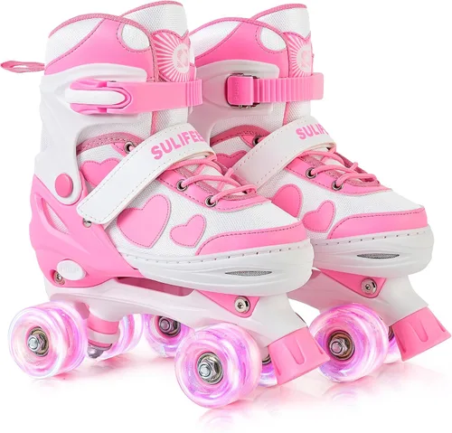 SULIFEEL - Patines ajustables de estilo tie-dye arcoíris para niñas y niños de 3 a 5 años, 5 a 8 años, 6 a 12 años, rosa y morado, con luces, con