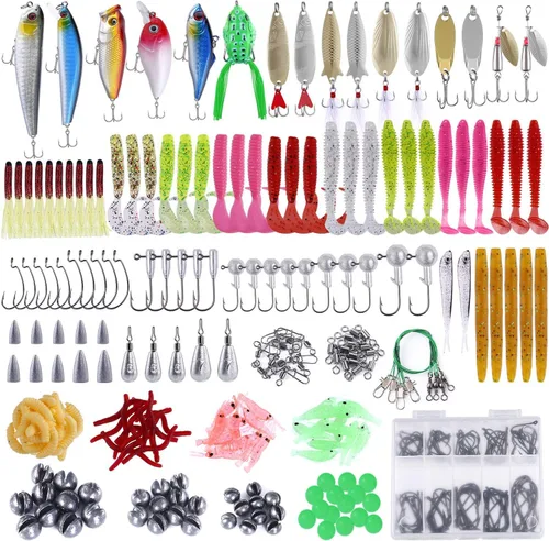 Miniatura 8 de PLUSINNO Señuelos de pesca, cebo que incluye crankbaits, spinnerbaits, gusanos de plástico, plantillas, señuelos de agua superior, caja de aparejos