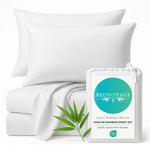 Miniatura 13 de BedVoyage Sábanas refrescantes tamaño Queen – Viscosa de bambú, juego de sábanas para personas que duermen con calor, bolsillo profundo de 18 Marfil