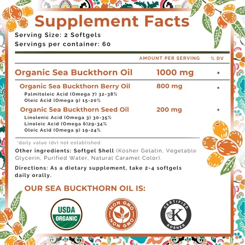 Miniatura 7 de SEABUCKWONDERS Aceite orgánico de espino amarillo omega-7 completo, 120 cápsulas blandas, suministro para 60 días, con Omega 3, 6 y 9, soporta