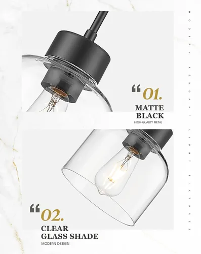 Miniatura 3 de Luces Colgantes Negras para Isla de Cocina, Accesorios de Luces Colgantes de 7" con Pantalla de Vidrio Transparente, Iluminación Colgante Moderna