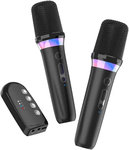 Micrófono de karaoke para automóvil, micrófono dinámico recargable de mano dual con receptor auxiliar de entrada y salida de 0.138 in, micrófono de