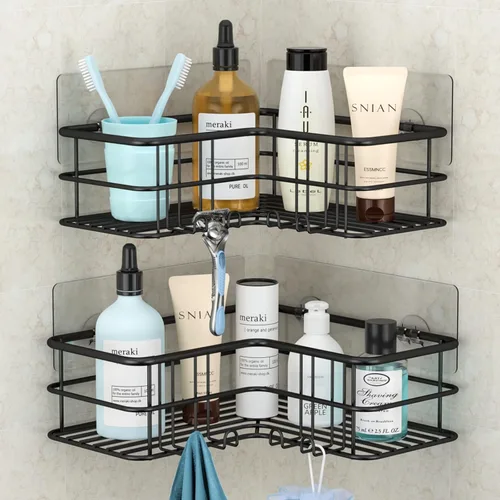 Menbyci Organizador de ducha negro esquinero para baño, accesorios organizadores de baño a prueba de óxido, cesta de ducha adhesiva, estante de
