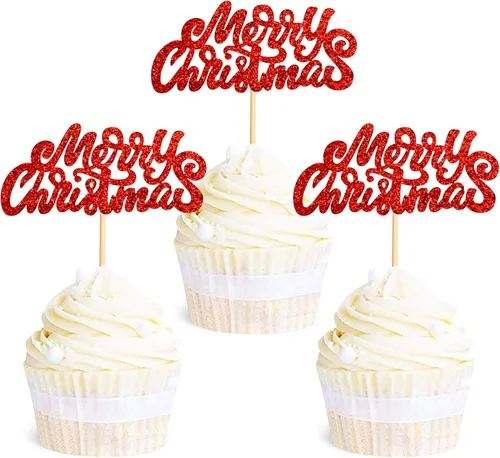 Miniatura 10 de Ercadio Paquete de 25 adornos para cupcakes de Papá Noel y elfo - Sombreros de Papá Noel con purpurina, sombreros de elfo, palillos para cupcakes