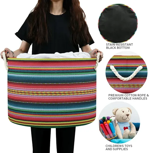 Miniatura 6 de Cesta grande de cuerda de algodón de almacenamiento mexicano Serape manta rayas colorido cesto de lavandería