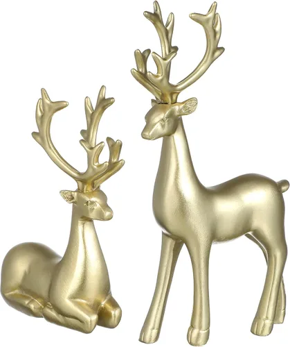 Yardwe Adornos de alce de resina dorada, figuras de reno de Navidad, adornos de escritorio de Navidad para decoración de fiesta en el hogar,