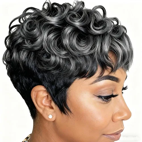 Miniatura 11 de Pelucas cortas de corte Pixie negro natural para mujeres negras, pelucas de cabello rizado de repuesto, peluca corta negra en capas con flequillo
