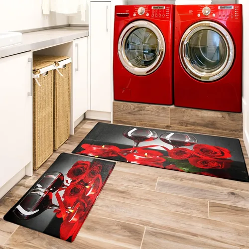 Miniatura 7 de Juego de 2 alfombras y tapetes de cocina de vino tinto, diseño de rosas modernas, antifatiga, antideslizantes, lavables, para cocina, fregadero