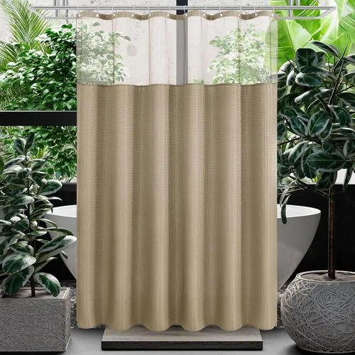 Gibelle Juego de cortina de ducha de tejido gofre con ventana superior de malla y ganchos, cortina de ducha de tela estilo spa para baño, beige, 72