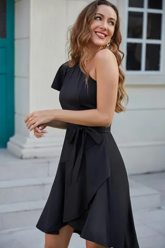 Miniatura 6 de GRACE KARIN Vestido de verano para mujer, elegante vestido de cóctel de un hombro, con volantes, manga corta, acampanado, vestido de fiesta