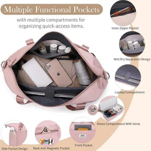Miniatura 4 de JIELV Bolsa de viaje para mujer, bolsa grande de fin de semana con compartimento para zapatos, bolsa deportiva de mano para viajes, hospital
