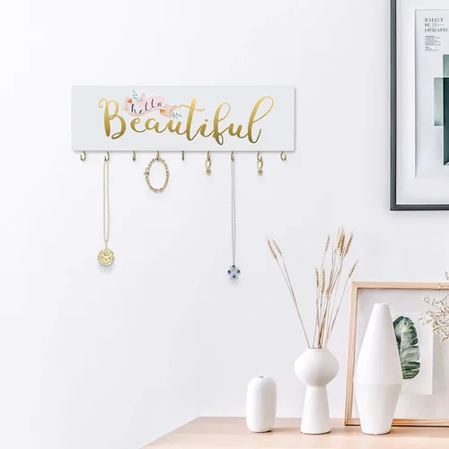 Miniatura 6 de SANY DAYO HOME Organizador de joyas montado en la pared, moderno soporte de madera con 9 ganchos de metal para collares, anillos, aretes, pulseras