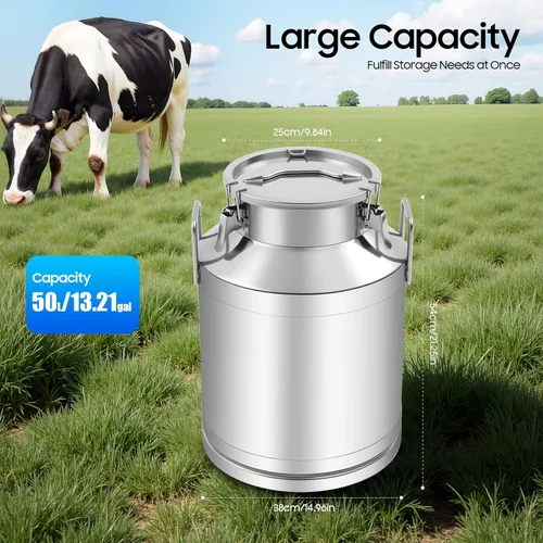 Miniatura 2 de Lata de leche de acero inoxidable de 13.3 galones, cubo de leche resistente con mango ergonómico y tapa hermética, recipiente sólido de líquido SS