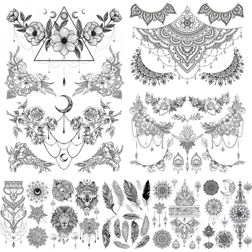 Miniatura 8 de glaryyears Más de 100 tatuajes falsos temporales negros para mujeres, hombres y adultos, diseño de serpiente mariposa, sol, luna, planetas