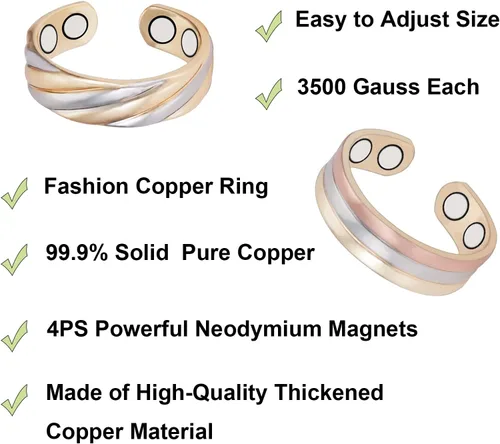 Miniatura 3 de Anillos de cobre puro para mujer, 2 piezas de anillo de oro tricolor magnético ajustable, joyería de cobre (0949 0950)