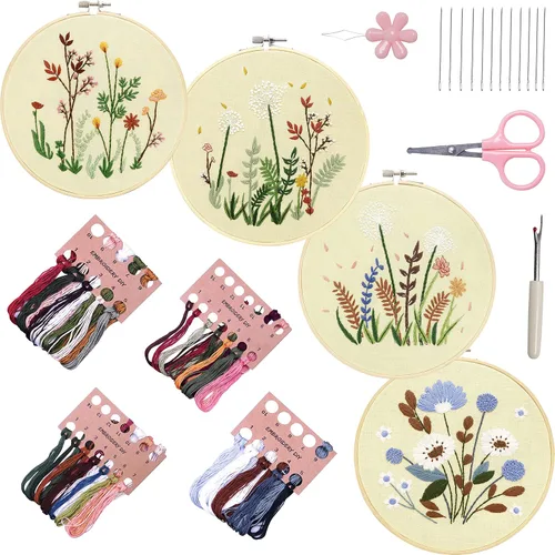 Miniatura 16 de Bonroy 4 juegos de kit de bordado para principiantes de manualidades artísticas de costura fácil incluye ropa de bordado con patrón, aro, manual
