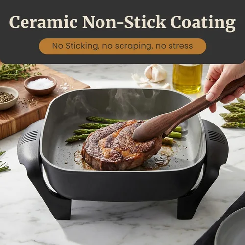 Miniatura 4 de Elite Gourmet Sartén eléctrica de cerámica sin PFAS, extra profunda de 12 x 12 x 3 pulgadas, menos salpicaduras, apto para lavavajillas, calor