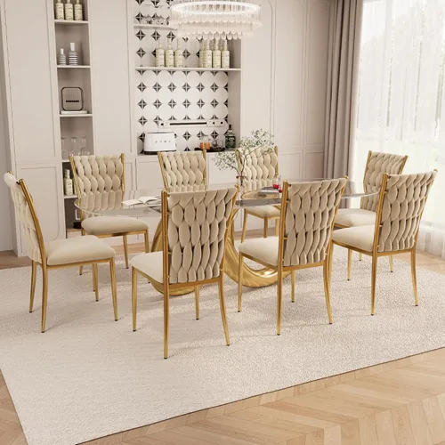 Miniatura 17 de Juego de 2 sillas de comedor de terciopelo, modernas sillas de cocina tejidas con patas de metal dorado, cojín tapizado con respaldo alto